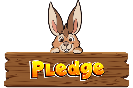 Brown rabbit sitting on top of a dark wooden fence rail with "Pledger" written on it. on yellow/orange letters.