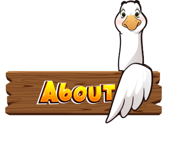White goose sitting on top of a dark wooden fence rail with "About" written on it. on yellow/orange letters.
