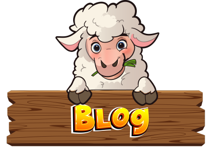 White sheep sitting on top of a dark wooden fence rail with "Blog" written on it. on yellow/orange letters.