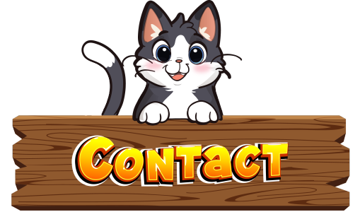 Gray and white cat sitting on top of a dark wooden fence rail with "Contact" written on it. on yellow/orange letters.