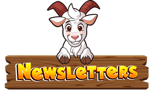 White goat sitting on top of a dark wooden fence rail with "Newsletters" written on it. on yellow/orange letters.