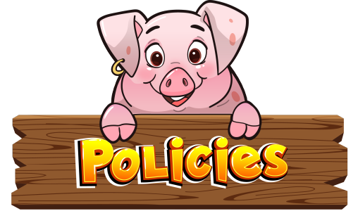 Pink pig sitting on top of a dark wooden fence rail with "Policies" written on it. on yellow/orange letters.