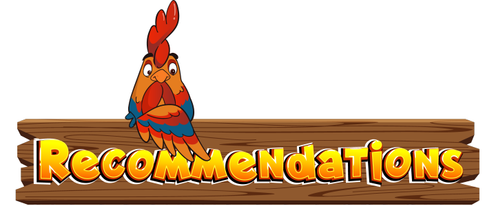 Red rooster sitting on top of a dark wooden fence rail with "Recommendations" written on it. on yellow/orange letters.
