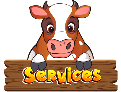 Brown and white cow sitting on top of a dark wooden fence rail with "Services" written on it. on yellow/orange letters.