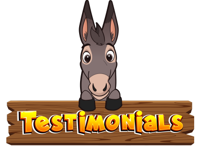 Gray donkey sitting on top of a dark wooden fence rail with "Testimonials" written on it. on yellow/orange letters.